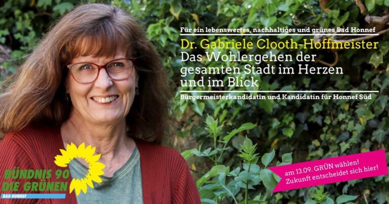 Dr. Gabriele Clooth-Hoffmeister, Bürgermeisterkandidatin, Direktkandidatin für Honnef Süd und Spitzenkandidatin der Grünen Bad Honnef🌻